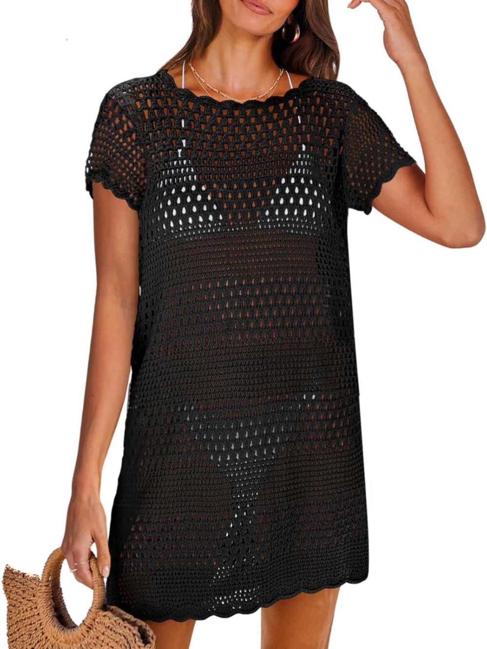 🚘YNS Generic Black Crochet Short-Sleeve Swim Coverup size XXL